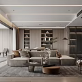 Modern Living and Dining Room Interior With Sofa Coffee Table Bookshelves Floor to Ceiling Windows