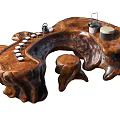 Handcrafted Root Carving Tea Table With Natural Wood Texture And Matching Stools
