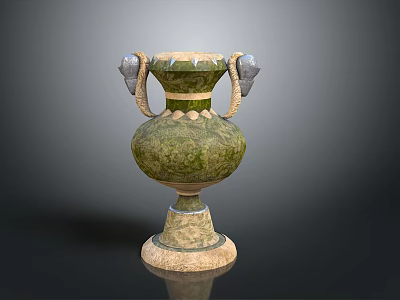 Carved Vase Sculpture with Green Glaze and Animal Head Handles on Beige Base 3d model