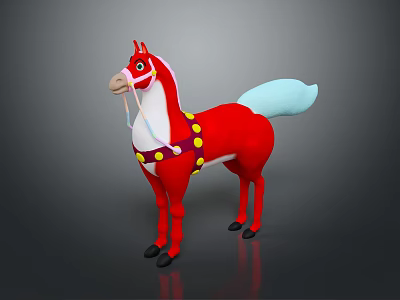 Colorful Red Horse Doll With Blue Tail Yellow Polka Dots And White Bridle 3d model
