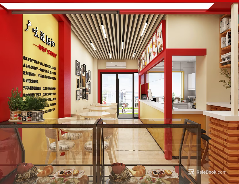 Vibrant Restaurant Interior With Red Walls Yellow Accents Display Cases And Open Dining Space 3d model 