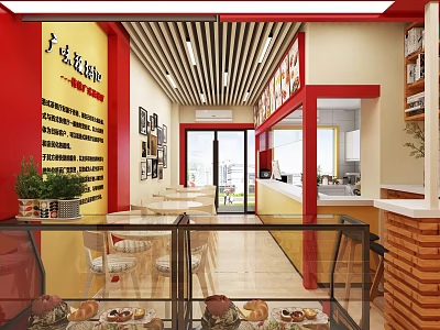 Vibrant Restaurant Interior With Red Walls Yellow Accents Display Cases And Open Dining Space 3d model