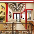 Vibrant Restaurant Interior With Red Walls Yellow Accents Display Cases And Open Dining Space