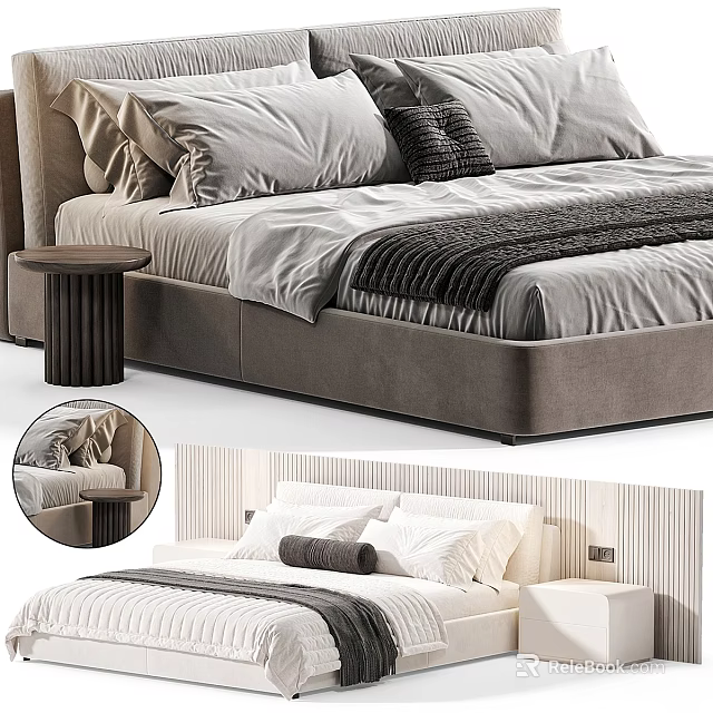 Modern Velvet Double Bed With Gray Pillows Black Throw And Striped Wall Side Table 3d model 