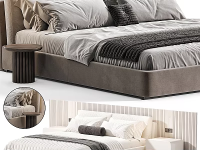 Modern Velvet Double Bed With Gray Pillows Black Throw And Striped Wall Side Table 3d model