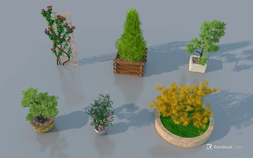 Diverse Arbor Varieties in Wooden Stone Planters and Metal Trellis for Garden 3d model 