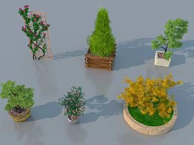 Diverse Arbor Varieties in Wooden Stone Planters and Metal Trellis for Garden 3d model