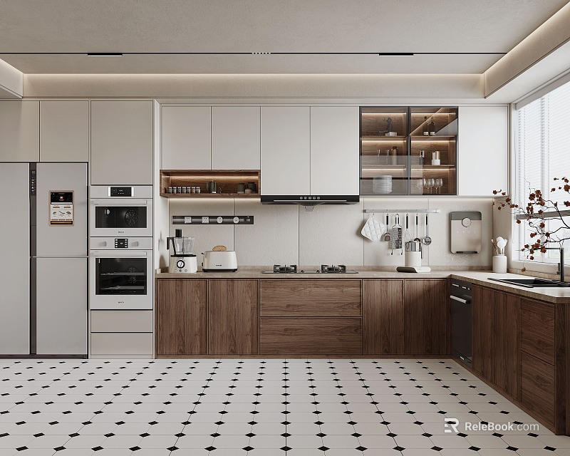 Modern Kitchen Interior With White Cabinets Wooden Countertops Appliances Window And Black White Floor Tiles 3d model 