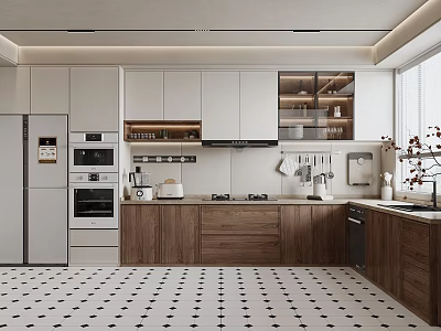 Modern Kitchen Interior With White Cabinets Wooden Countertops Appliances Window And Black White Floor Tiles 3d model