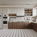 Modern Kitchen Interior With White Cabinets Wooden Countertops Appliances Window And Black White Floor Tiles