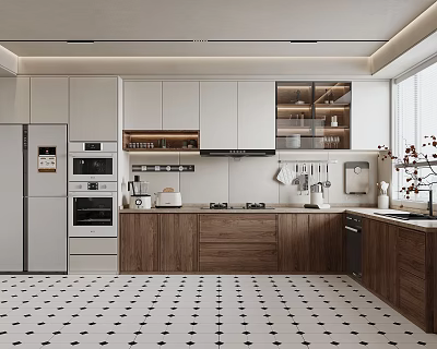 Modern Kitchen Interior With White Cabinets Wooden Countertops Appliances Window And Black White Floor Tiles 3d model