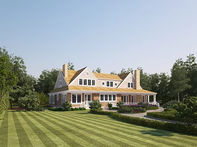 Elegant Single Family House With Front Porch Multiple Windows And Well Maintained Lawn 3d model