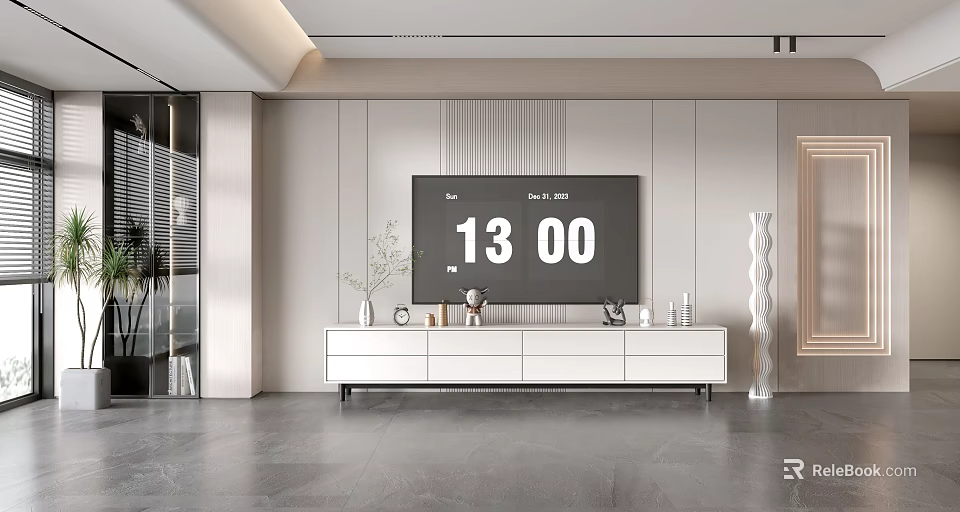Modern TV Background Wall Design With Sleek Panels White TV Stand And Decorative Ornaments 3d model 