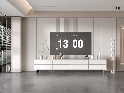 Modern TV Background Wall Design With Sleek Panels White TV Stand And Decorative Ornaments 3d model