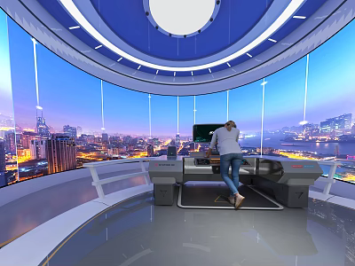 Modern Control Room With Person At Console And City Night View Through Windows 3d model