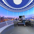 Modern Control Room With Person At Console And City Night View Through Windows
