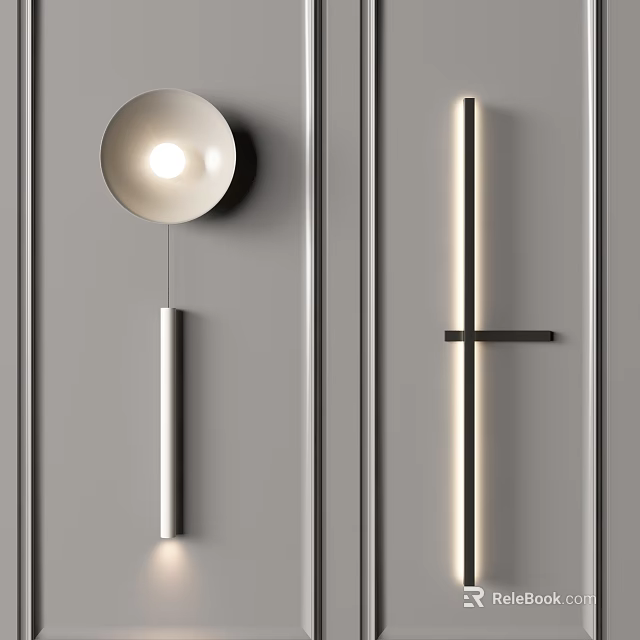 Modern Wall Lamps with Minimalist Design on Gray Wall Featuring Round Shade and Vertical Strip 3d model 