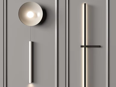 Modern Wall Lamps with Minimalist Design on Gray Wall Featuring Round Shade and Vertical Strip 3d model