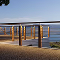 Modern Outdoor Railing With Wooden Posts And Metal Bars For Lakeside Scenic View