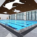Indoor Swimming Pool With Blue Water Ocean Theme Ceiling Dolphin Shapes And Loungers