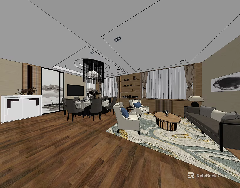 Luxurious Private Box Interior With Sofa Coffee Table Dining Chairs And Wooden Flooring 3d model 