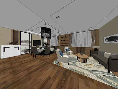 Luxurious Private Box Interior With Sofa Coffee Table Dining Chairs And Wooden Flooring 3d model