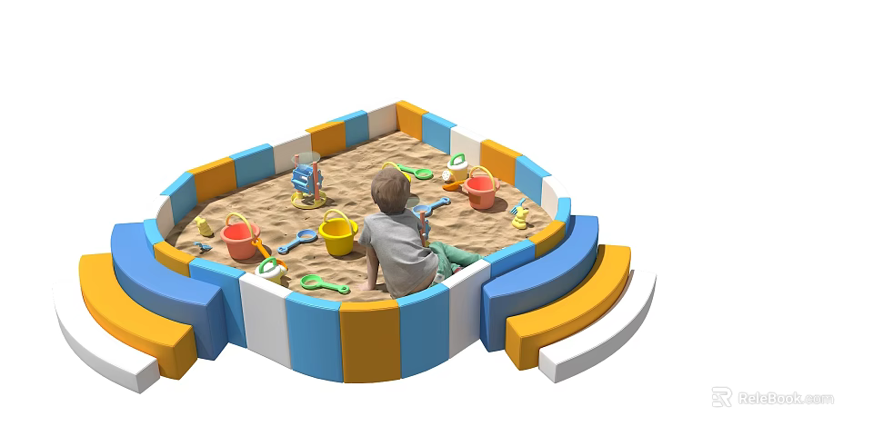 Kindergarten Sandpit Play Area With Child Playing Colorful Fences And Toys Shovels Buckets 3d model 