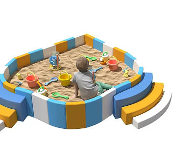 Kindergarten Sandpit Play Area With Child Playing Colorful Fences And Toys Shovels Buckets 3d model