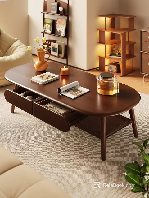 Dark Brown Wooden Oval Coffee Table With Drawers Magazines Vase With Flowers And Glass Kettle 3d model 