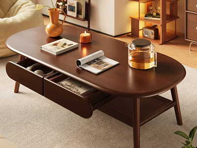 Dark Brown Wooden Oval Coffee Table With Drawers Magazines Vase With Flowers And Glass Kettle 3d model