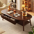 Dark Brown Wooden Oval Coffee Table With Drawers Magazines Vase With Flowers And Glass Kettle