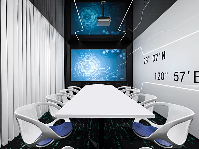 Modern Tech Conference Room With White Table Blue Cushioned Chairs Large Screen And Projector 3d model