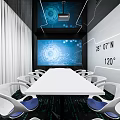 Modern Tech Conference Room With White Table Blue Cushioned Chairs Large Screen And Projector