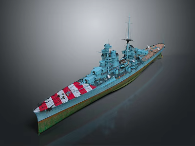 Detailed Blue Warship Featuring Red And White Stripes On Stern And Green Hull 3d model