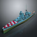 Detailed Blue Warship Featuring Red And White Stripes On Stern And Green Hull