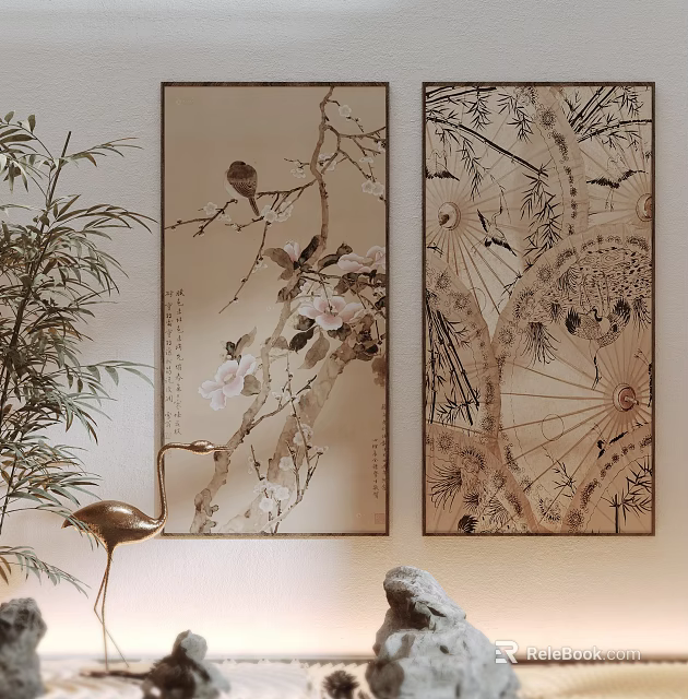 Chinese Style Wall Art With Branches Flowers Birds And Bamboo Crane Decor 3d model 