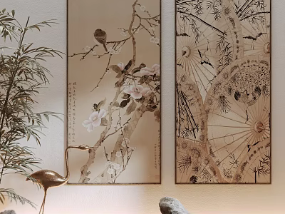 Chinese Style Wall Art With Branches Flowers Birds And Bamboo Crane Decor 3d model