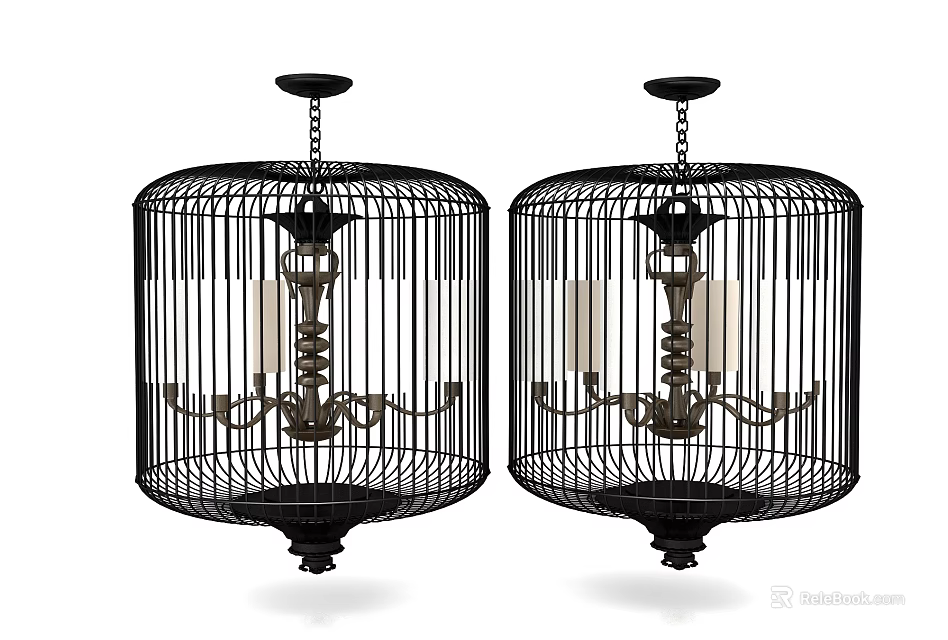 Vintage Cage Shaped Chandeliers With Black Metal Frame And Candle Holder Design 3d model 
