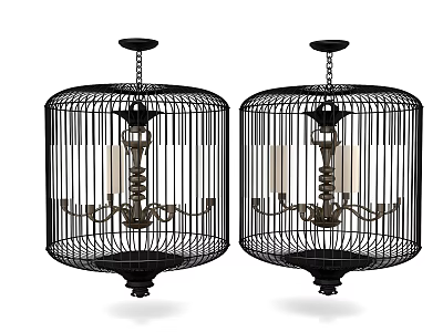 Vintage Cage Shaped Chandeliers With Black Metal Frame And Candle Holder Design 3d model