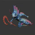 Fantasy Character Mythical Creature With Blue Pink Body Holding Red Staff In Dynamic Stance