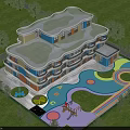 Colorful Multi Story School Building with Green Roof and Colorful Playground Surrounded by Lawn and Trees