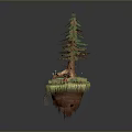 Beautiful Scenic Floating Island with Lush Pine Tree Green Grass Colorful Mushrooms and Flowers