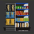 Retail Store Shelving Unit With Blue Layers Black Frame And Colorful Products