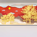 3D Layered Paper Art Installation With Red Background Golden Trees Sun Clouds And Mountains