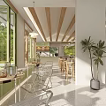 Modern Café Interior Design With Wooden Ceiling Beams Large Windows And Green Plants