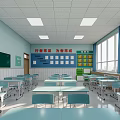 School Classroom Interior With Blue Desks Chairs Blackboard Schedule And Windows