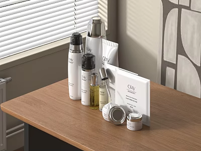 Assorted Perfume And Cosmetics On Wooden Table By Window 3d model