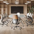 Modern Conference Room With Wooden Ceiling Hanging Lights Round Table Large Windows And Green Plant
