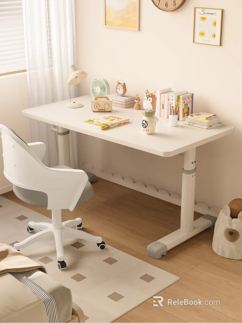 Adjustable Height Kids Study Desk With Lamp Books Toys And Chair 3d model 