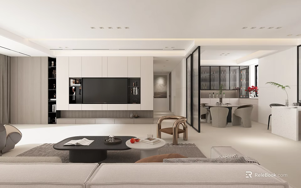 Modern Living And Dining Room Interior With Sofa Coffee Table TV Wall And Dining Chairs 3d model 